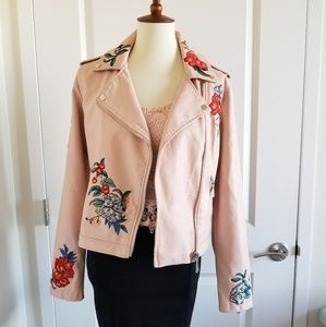 Like New Guess Pink Leather Biker Jacket Embroider